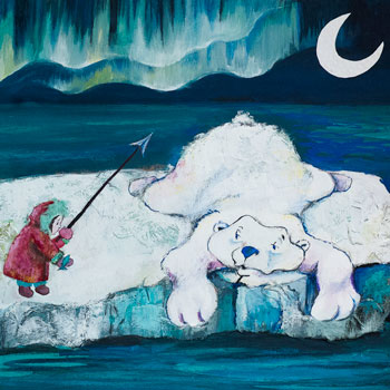 Une petite fille donne un poisson à un ours polaire affalé sur la banquise