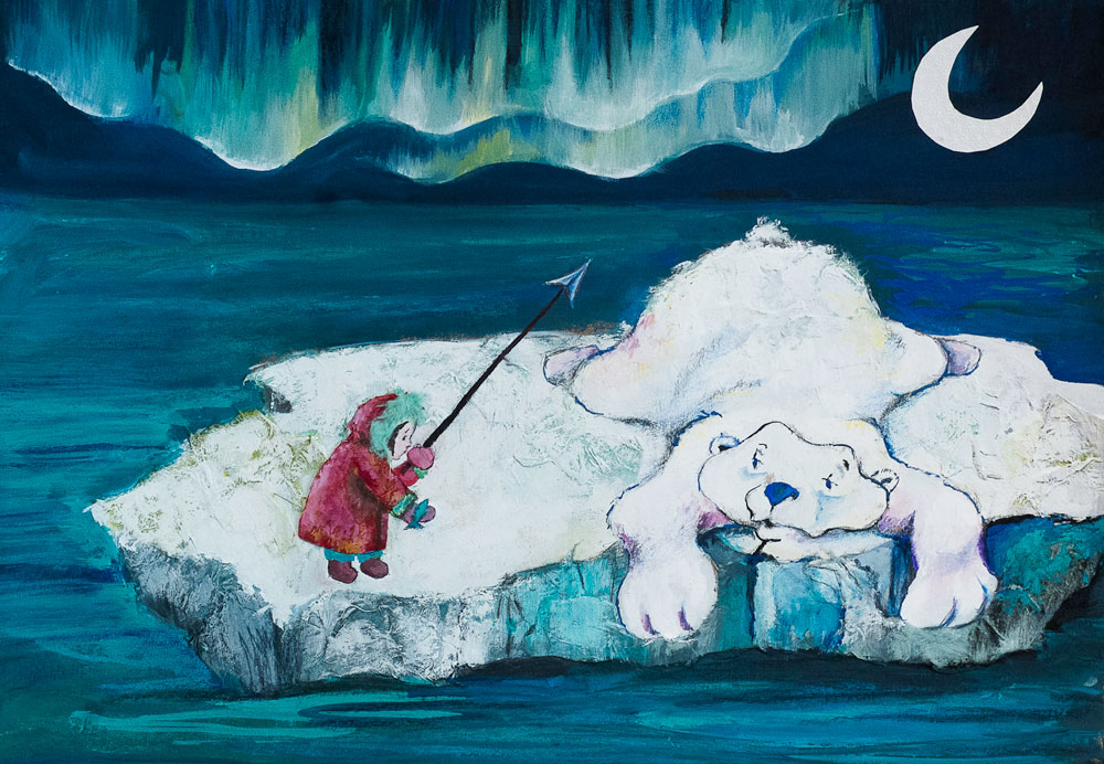 Une petite fille donne un poisson à un ours polaire affalé sur la banquise