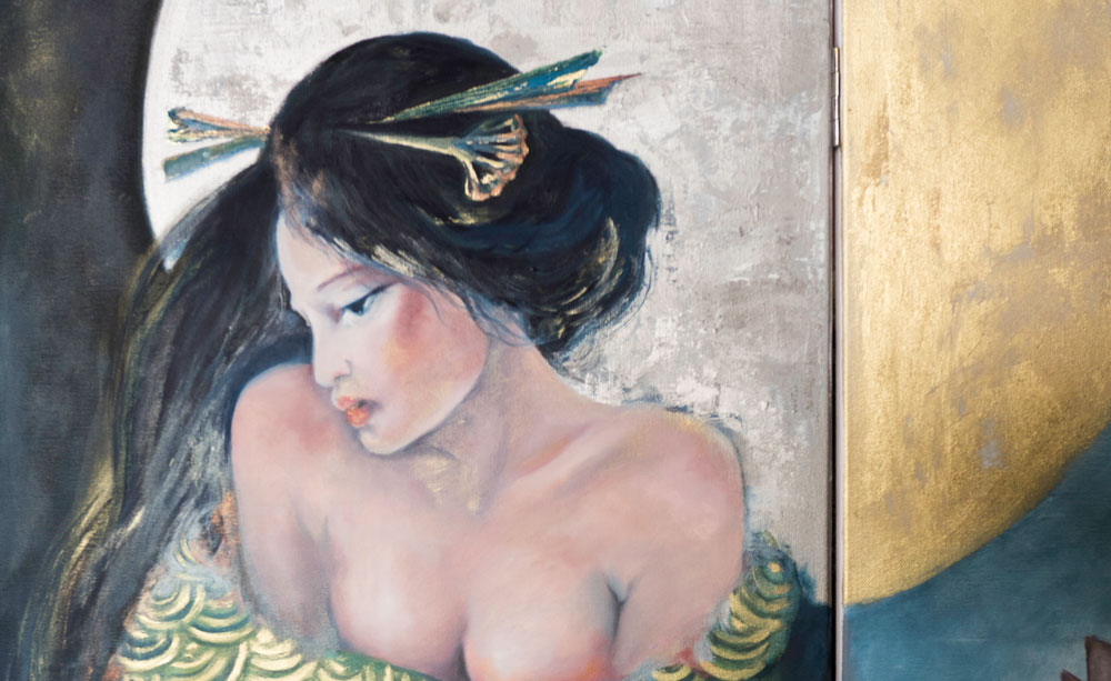 Peinture à l'huile sur Paravent asiatique geisha kimono et fleurs de lotus