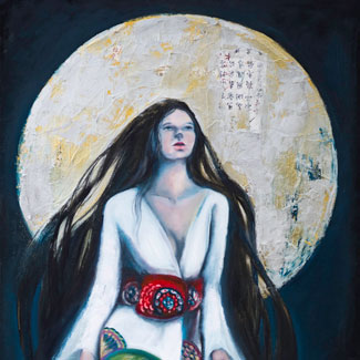 Peinture à l'huile geisha s'envole vers la lune