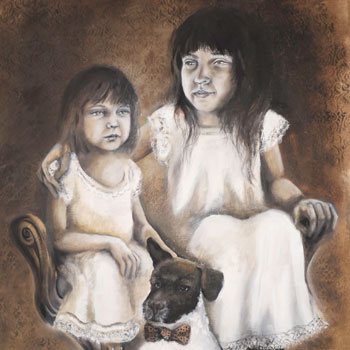 Portrait de famille deux petites filles et leur petite chienne posent. Peinture à l'huile imitation vielle photo sépia.